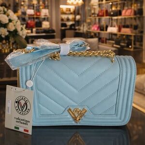 Valentino Orlandi Sky Blue Quilted Crossbody with Gold Chain